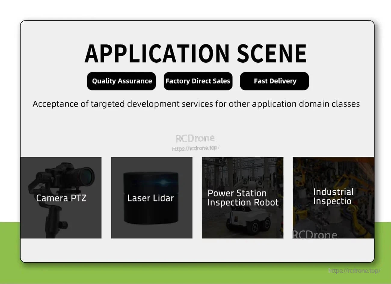 Application scene banner listing typical uses: camera PTZ, laser lidar, power station inspection robot, industrial inspection