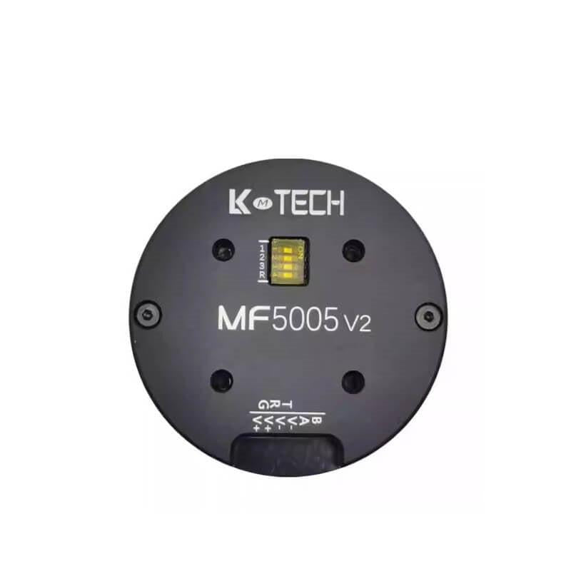 LKMTECH MF5005-V2 motor front face with status LED window, logo, and MF5005 v2 marking