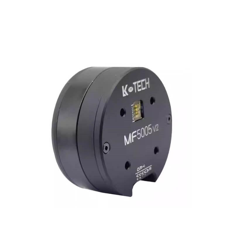 Angled side view of MF5005 V2 robotic motor housing showing thickness and front panel cutout