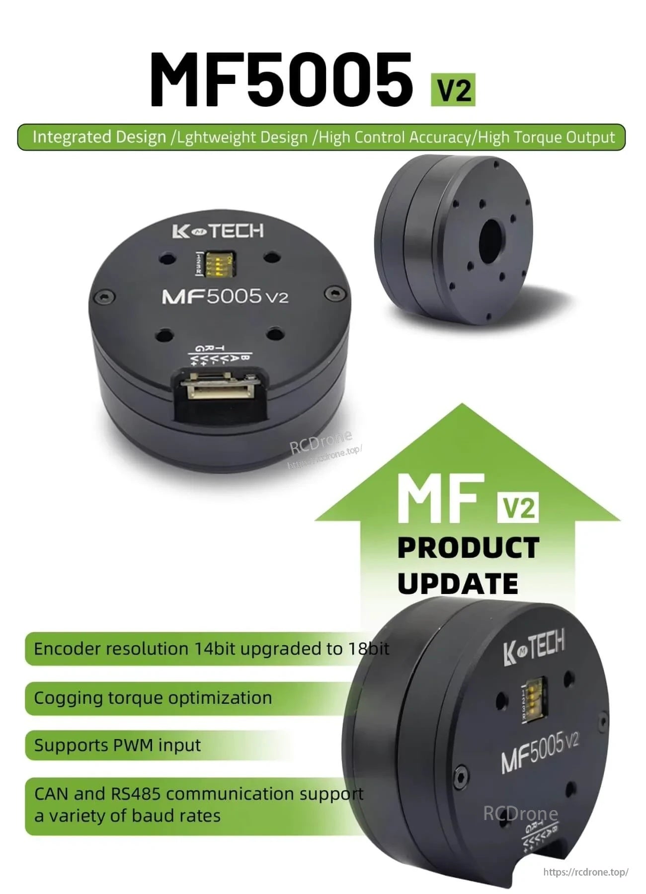 LKMTECH MF5005-V2 integrated motor with 18-bit encoder upgrade, PWM input, and RS485/CAN communication