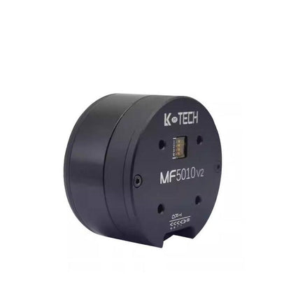 MF5010-V2 robot motor angled view showing cylindrical housing depth and front connector window