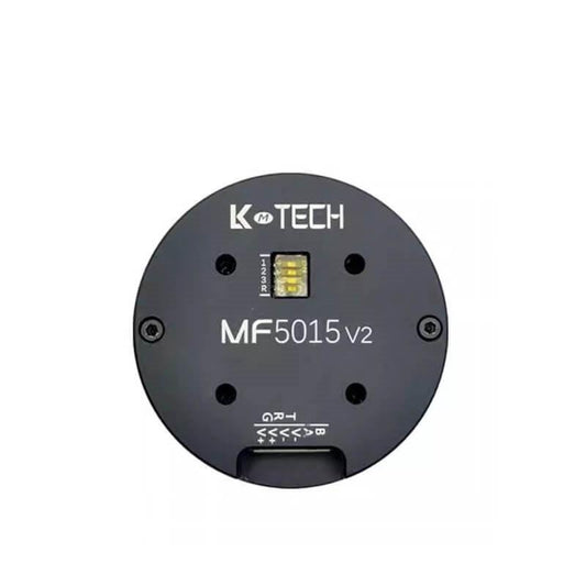 LKMTECH MF5015-V2 motor with 18-bit magnetic encoder, front face showing DIP switch and markings