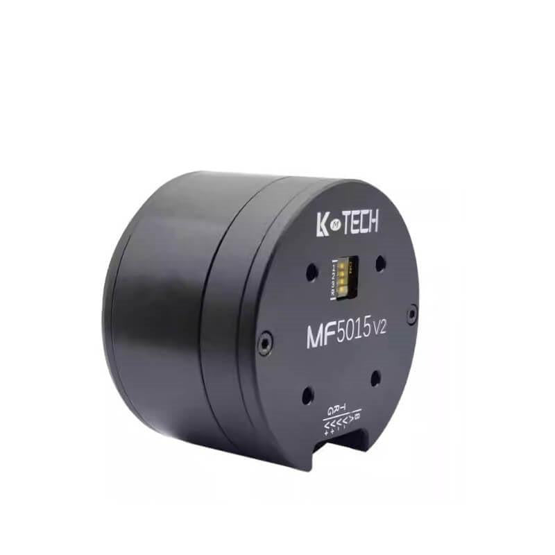 LKMTECH MF5015-V2 encoder motor angled view showing cylindrical housing depth and front panel