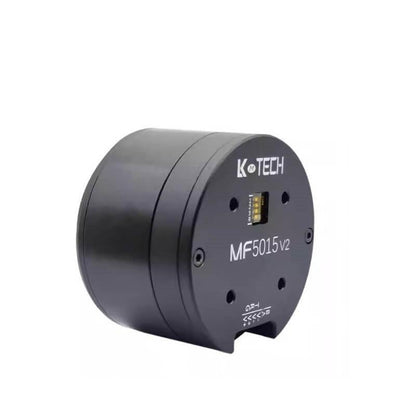 LKMTECH MF5015-V2 encoder motor angled view showing cylindrical housing depth and front panel