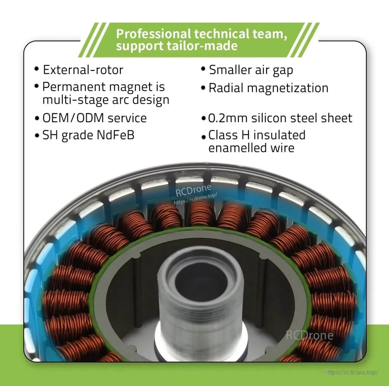 Close-up of MF5015-V2 external-rotor stator windings and magnet ring highlighting smaller air gap and radial magnetization notes