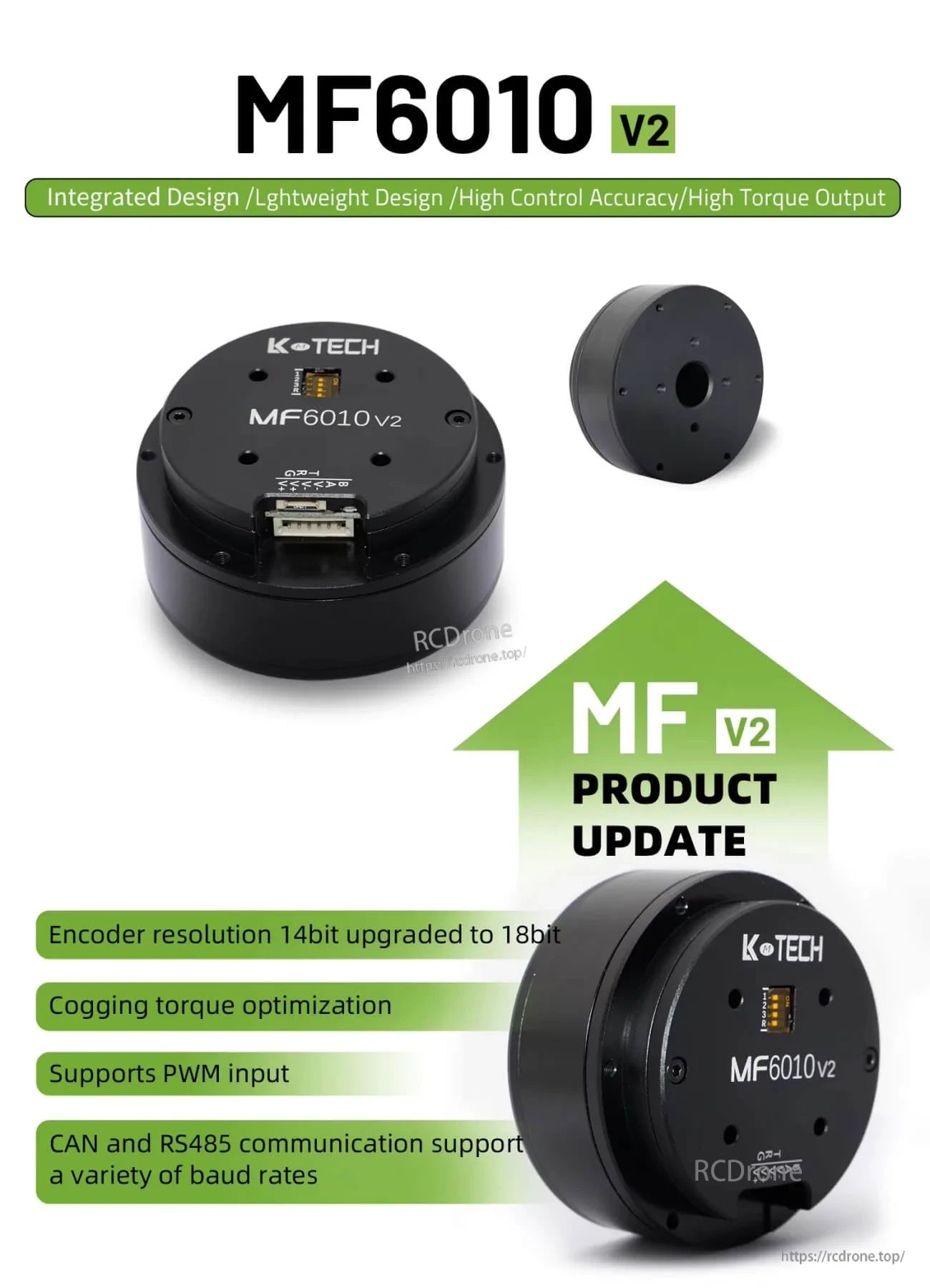 LKMTECH MF6010-V2 (MF6010v2) 24V integrated motor with 18-bit encoder upgrade, PWM input, CAN/RS485