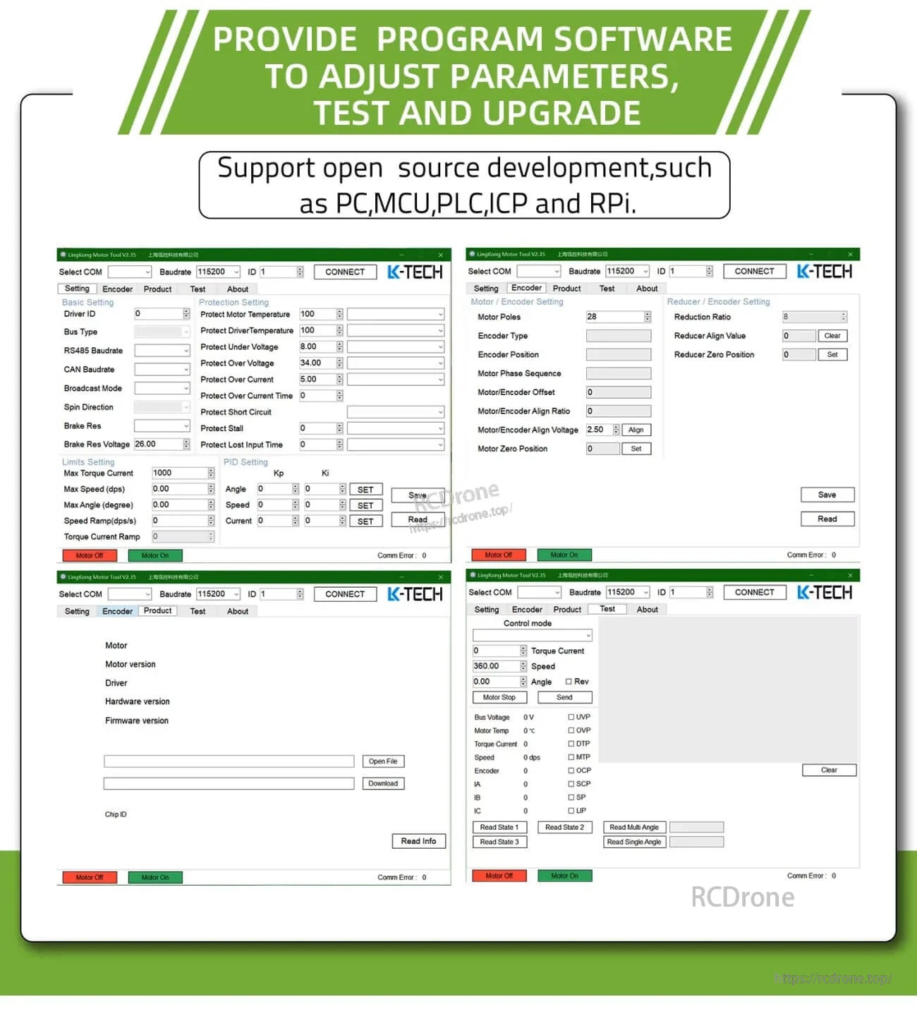 Parameter tuning and testing software screens for MF6010v2 motor drive configuration and firmware upgrade