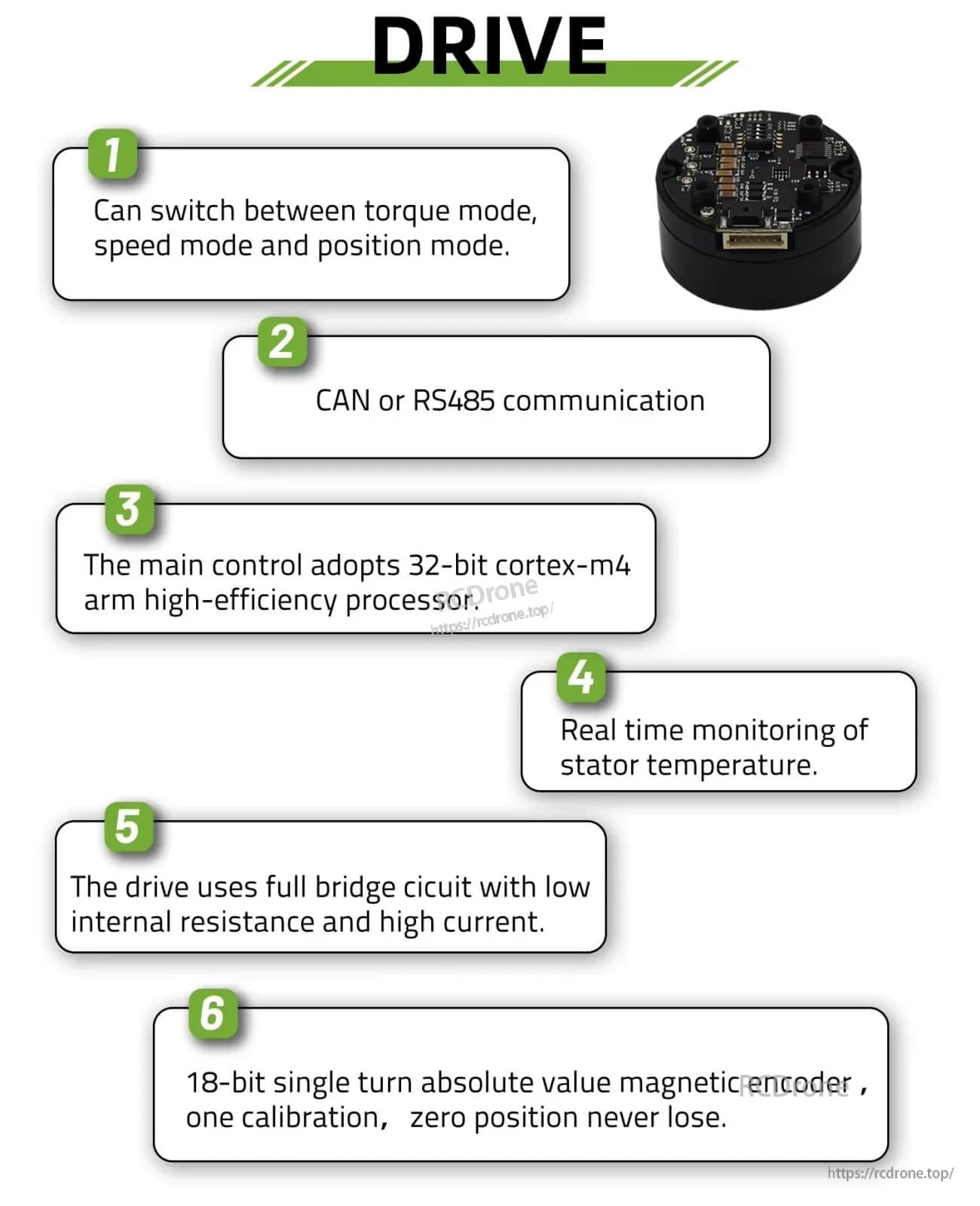 MF6010v2 integrated drive features list: torque/speed/position modes, CAN/RS485 comms, M4 controller, temp monitoring