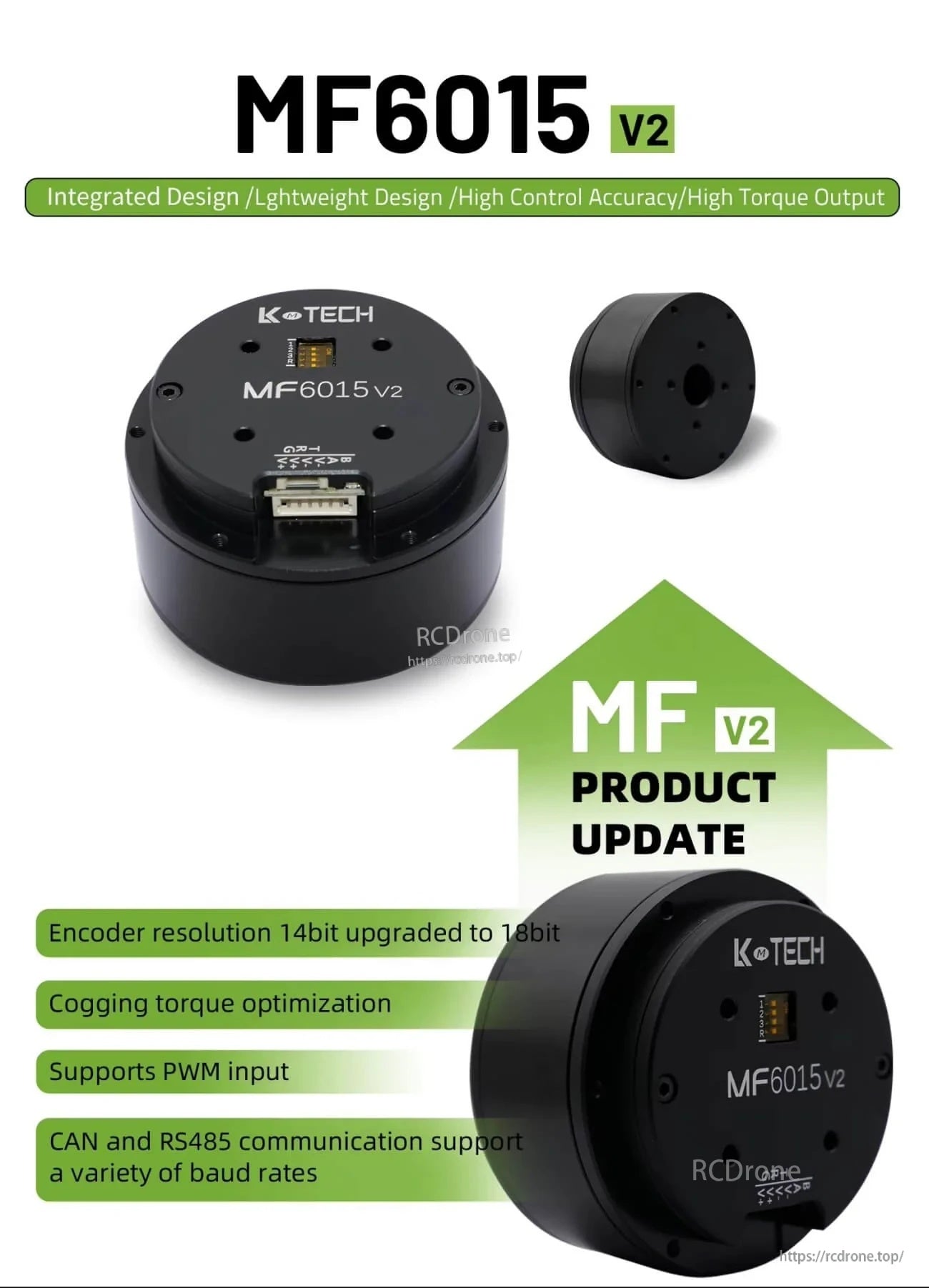 LKMTECH MF6015-V2 24V integrated motor with 18-bit magnetic encoder, CAN/RS485 and PWM input updates