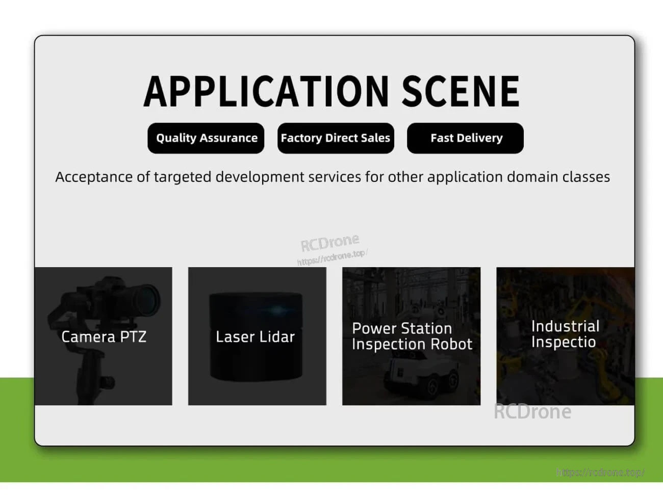 Application scene graphic listing typical uses such as camera PTZ, laser lidar, power station inspection robots and industrial inspection