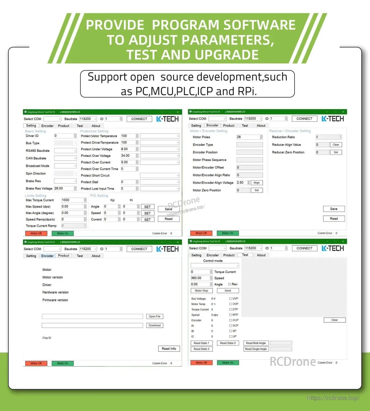 K-TECH motor tool software interface for connecting, tuning parameters, testing and upgrading MF7010-V2 drive settings