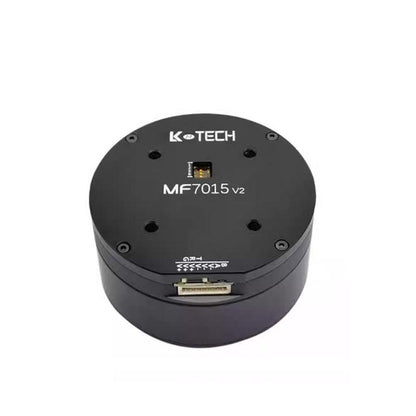Angled view of LKMTECH MF7015-V2 motor housing showing top cover and side connector port