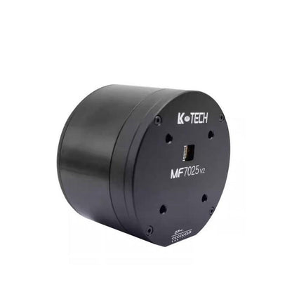 LKMTECH MF7025-V2 motor angled view showing cylindrical housing and front cover mounting holes