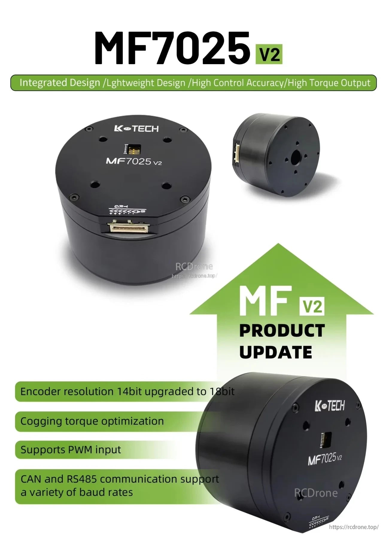 LKMTECH MF7025-V2 24V motor with integrated design, 18-bit magnetic encoder upgrade, CAN/RS485 support