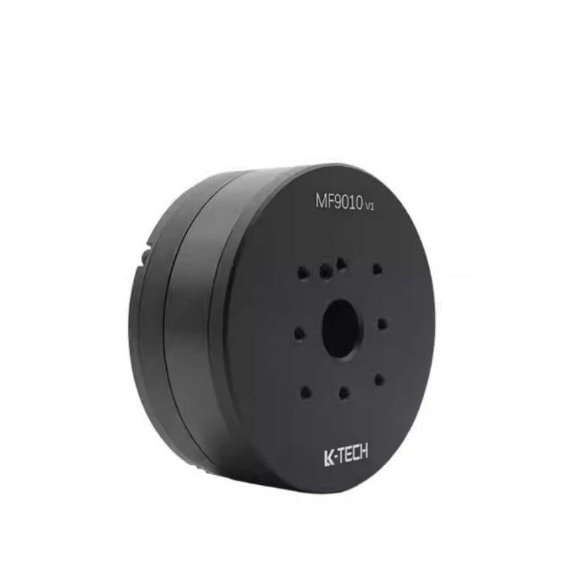Angled view of LKMTECH MF9010 integrated servo motor showing round housing depth and front mounting pattern