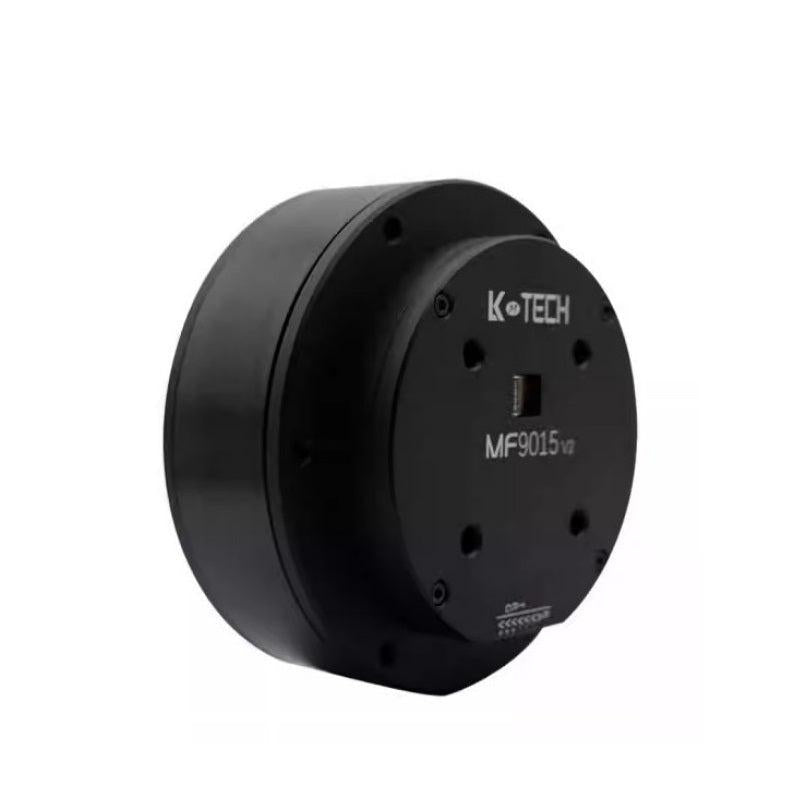 Angled view of MF9015-V2 integrated servo motor housing showing thickness and front cover screws