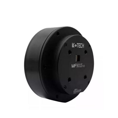 Angled view of MF9015-V2 integrated servo motor housing showing thickness and front cover screws