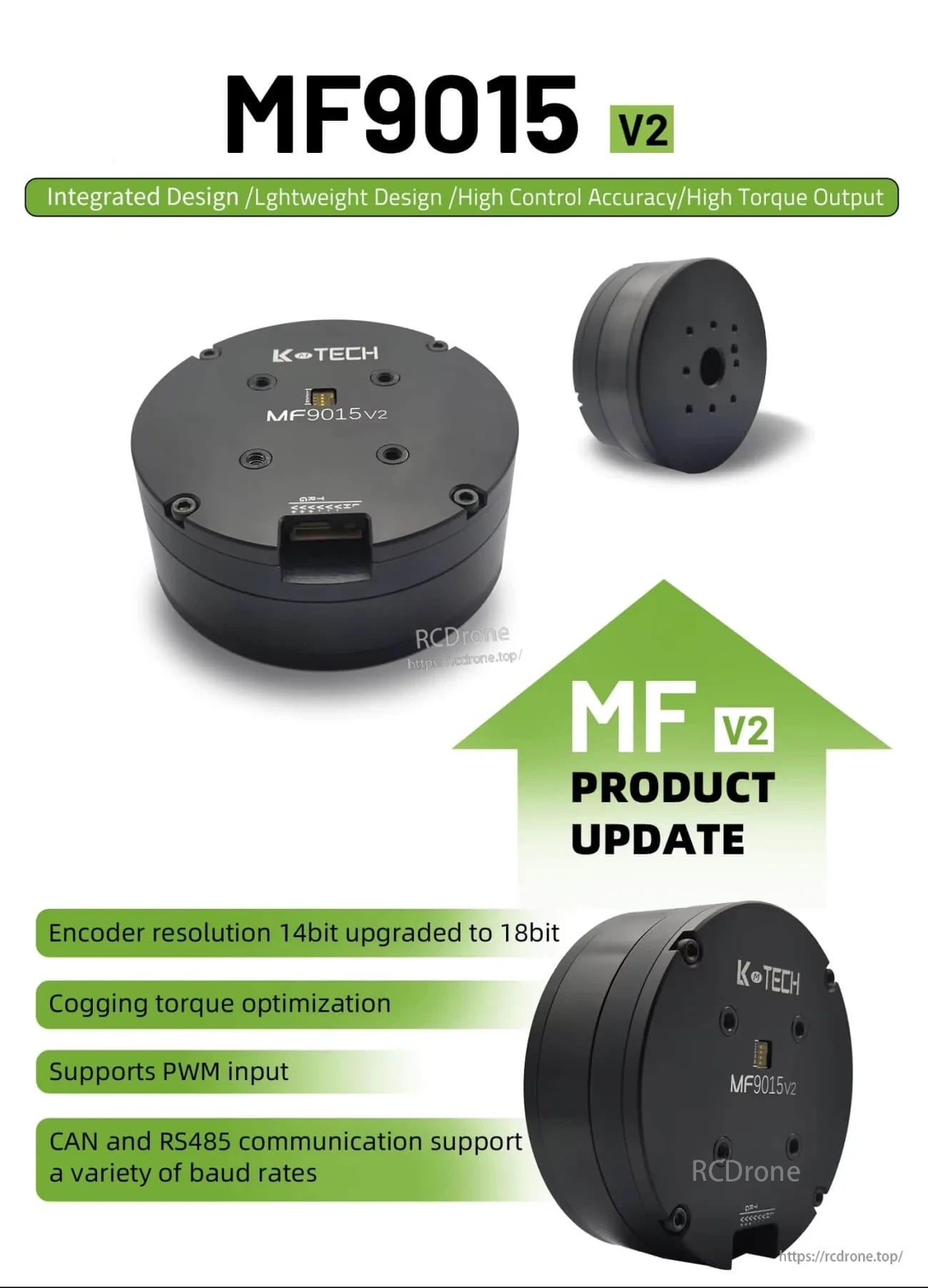 LKMTECH MF9015-V2 24V integrated servo motor with 18-bit magnetic encoder, CAN/RS485 and PWM support