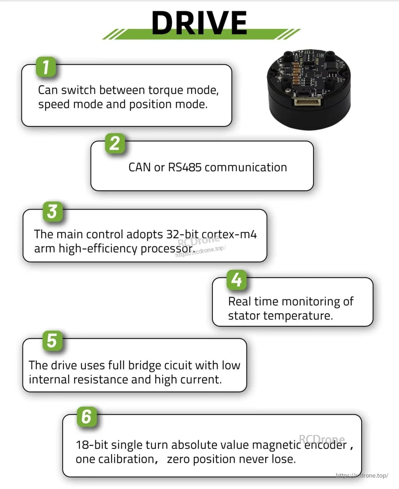 MF9015-V2 integrated drive features: torque/speed/position modes, CAN or RS485 communication, Cortex-M4 control and temperature monitoring