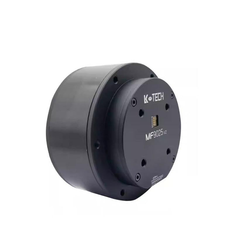 Angled side view of MF9025 v2 integrated servo motor showing cylindrical housing and front plate