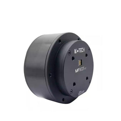 Angled side view of MF9025 v2 integrated servo motor showing cylindrical housing and front plate