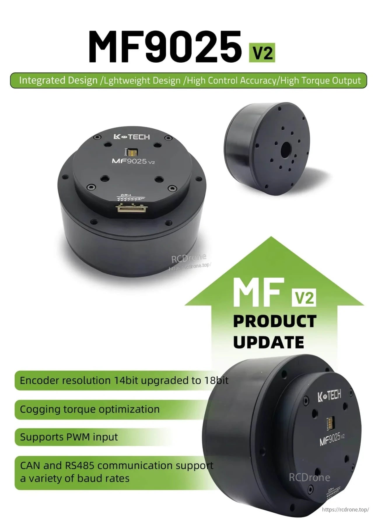 LKMTECH MF9025-V2 integrated 24V servo motor, MF9025v2 housing views with RS485/CAN and PWM update callouts