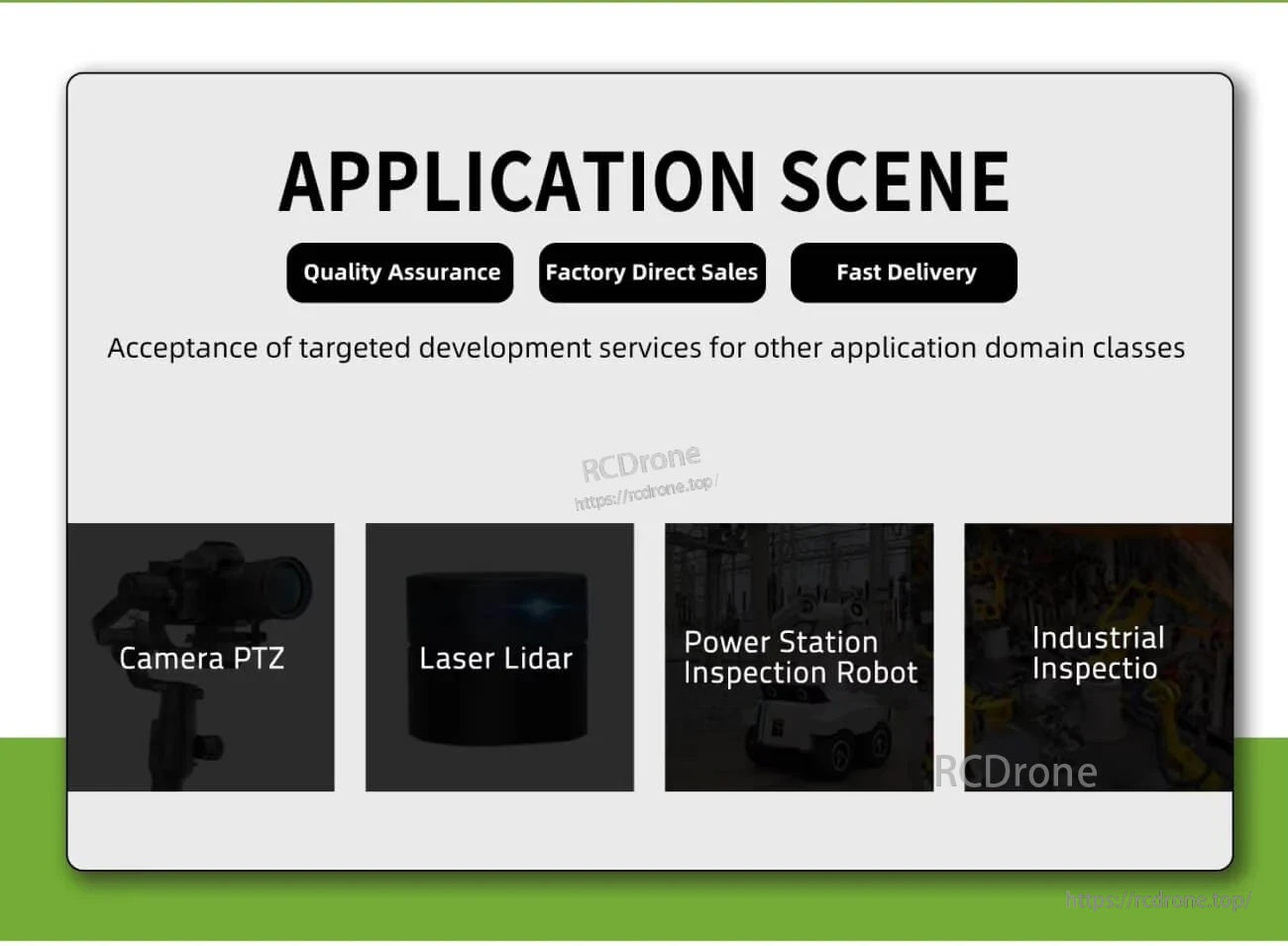 Application scene graphic listing use cases for MF9025v2 servo motor: camera PTZ, laser lidar, power station inspection robot and industrial
