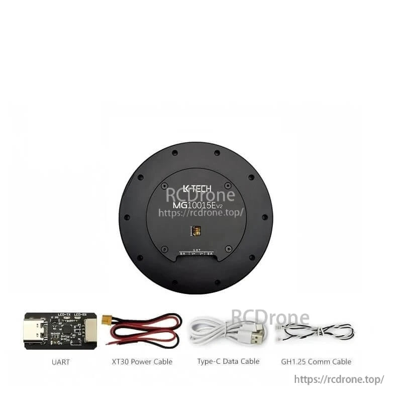Package contents: MG10015E motor plus UART board, XT30 power cable, Type-C data cable, GH1.25 comm cable