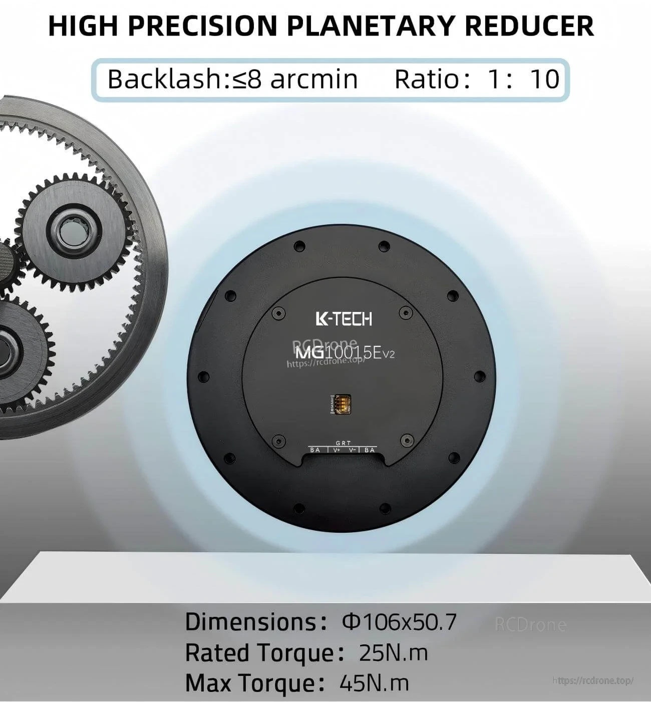 Planetary reducer spec callout for MG10015E-v2: 1:10 ratio and ≤8 arcmin backlash, plus dimensions and torque text