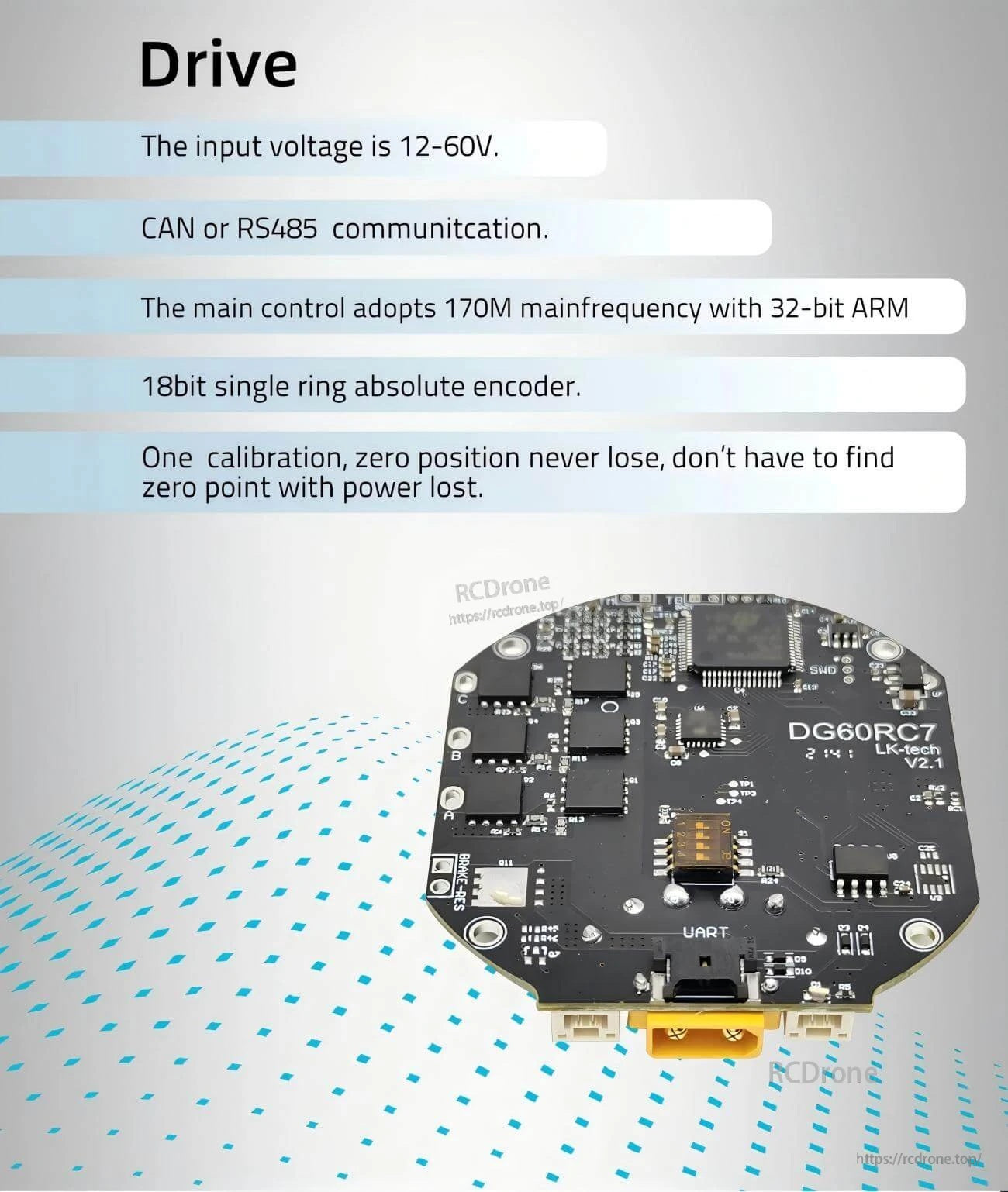 DG60RC7 FOC driver board close-up with UART port; lists 12–60V input and CAN/RS485 communication