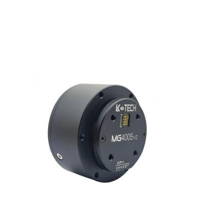 Angled side view of LKMTECH MG4005-V2 motor housing, showing mounting holes and top face markings
