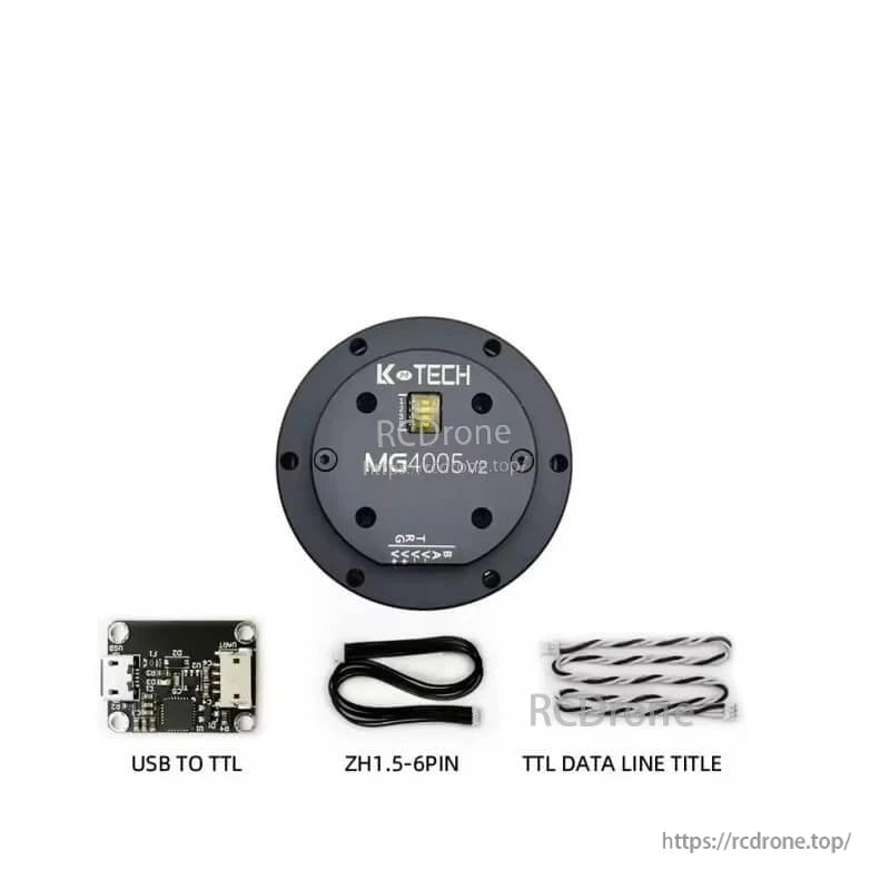 MG4005-V2 motor kit contents with USB-to-TTL board, ZH1.5 6-pin cable, and TTL data line