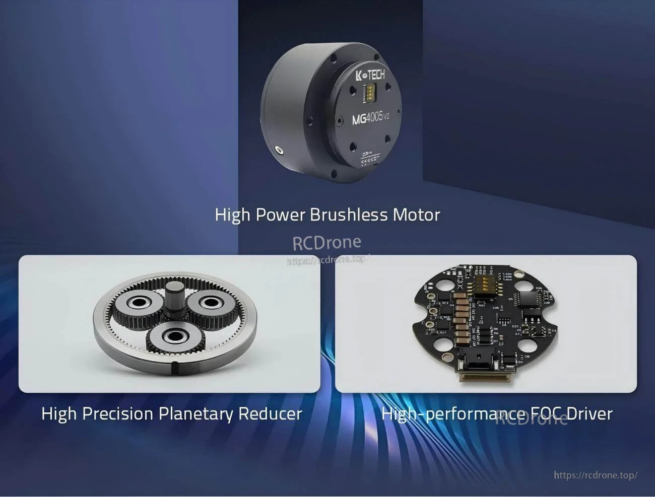 MG4005-V2 brushless motor, planetary reducer gearset, and FOC driver board overview for closed-loop control