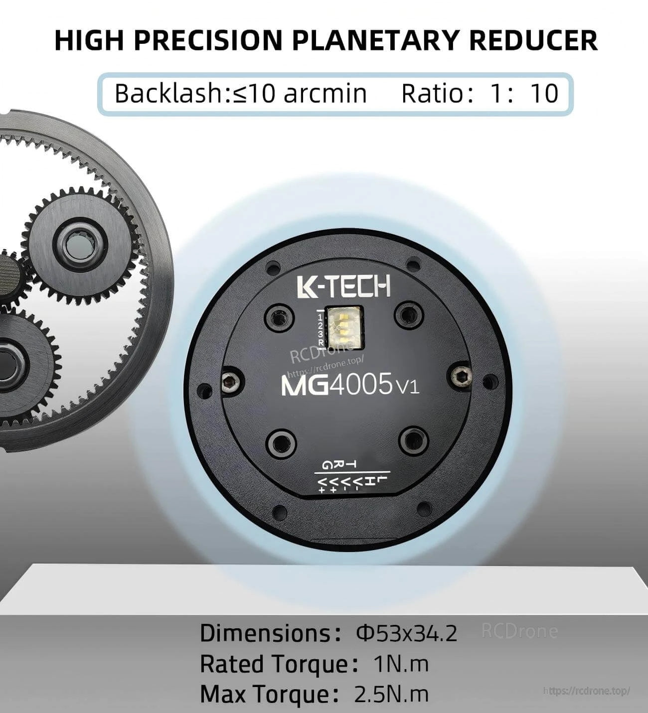 Planetary reducer detail with 1:10 ratio and backlash ≤10 arcmin callout; motor face and partial spec text