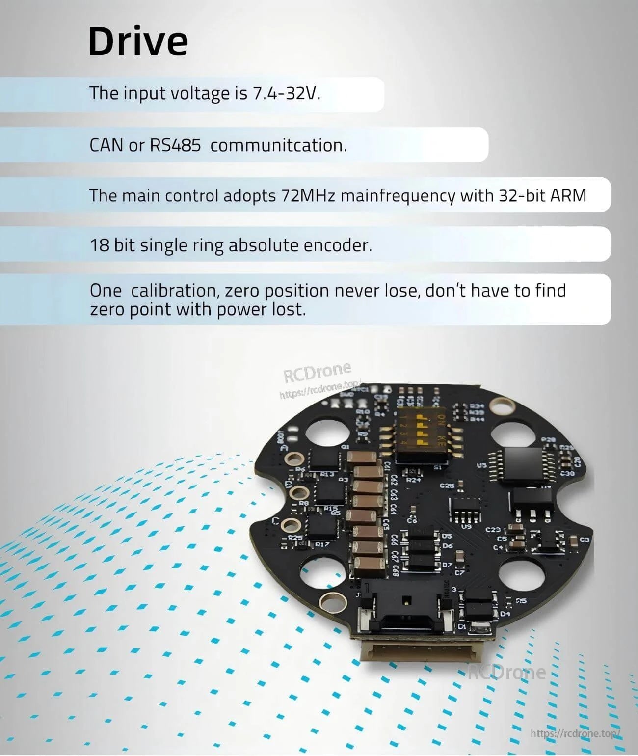 FOC driver board for MG4005-V2 showing components; supports 7.4–32V input and CAN or RS485 communication