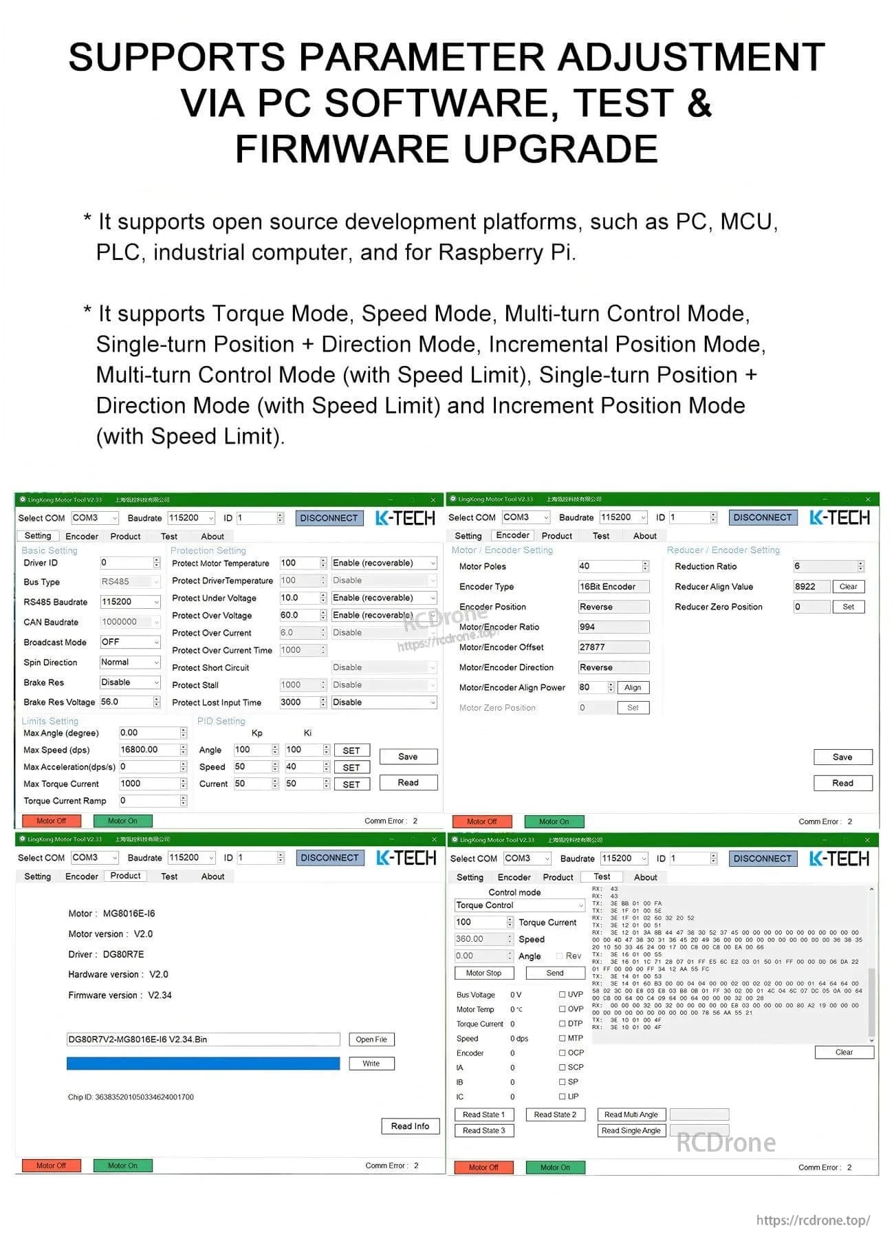 PC software screens for parameter adjustment, testing, and firmware upgrade for K-TECH MG series motor driver