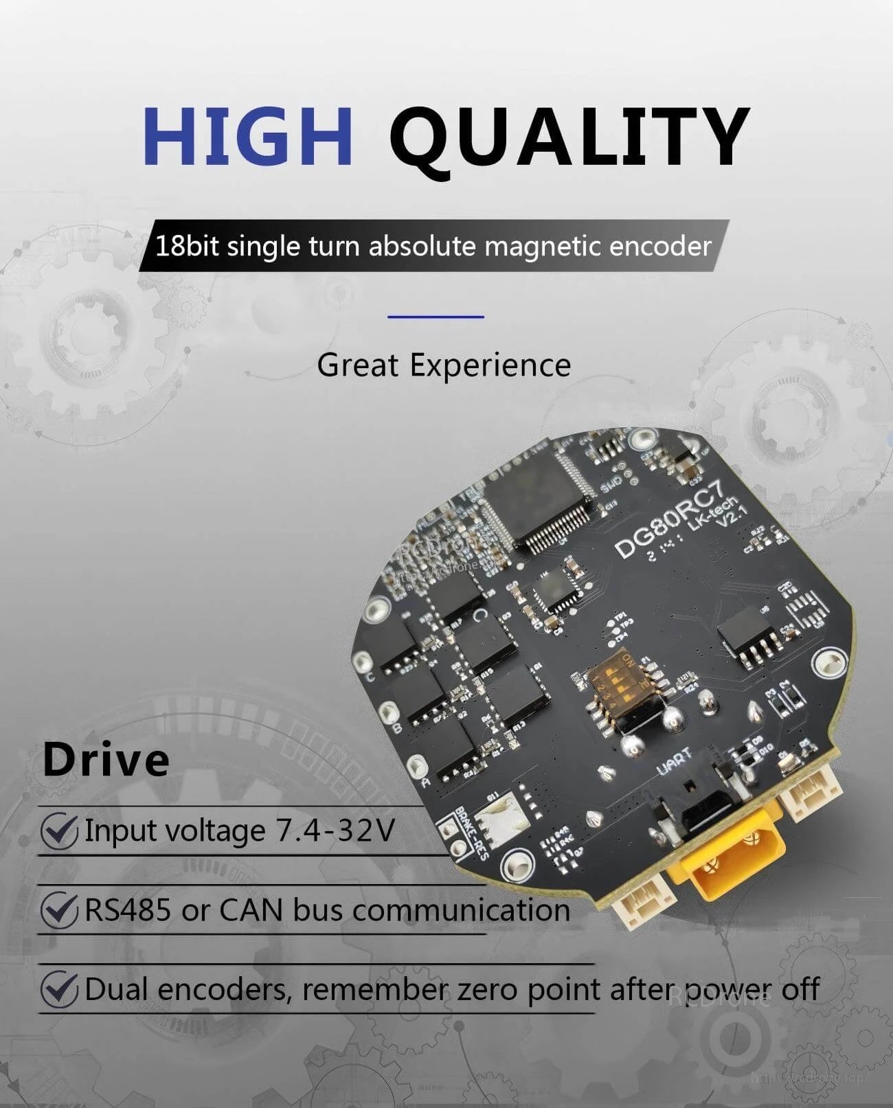 Drive control board close-up for RS485/CAN bus communication, 7.4–32V input range, and encoder connection support