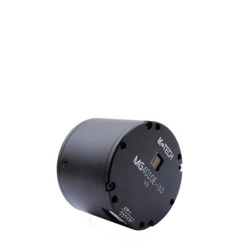 Angled side view of MG4010E-i10 V3 gear motor showing cylindrical housing and top connector opening