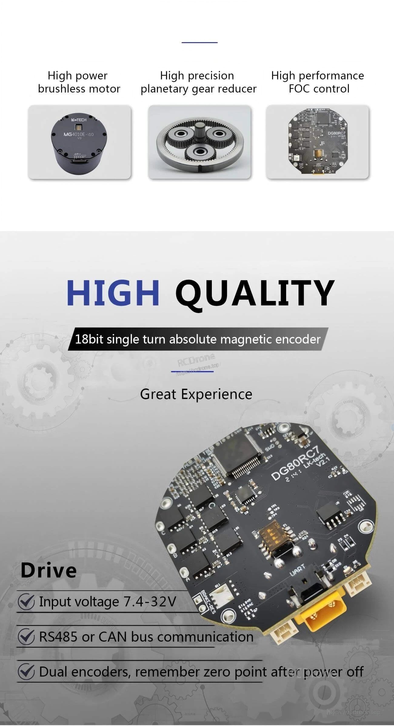 Feature overview of brushless motor, planetary gear reducer, and FOC drive with RS485/CAN communication support