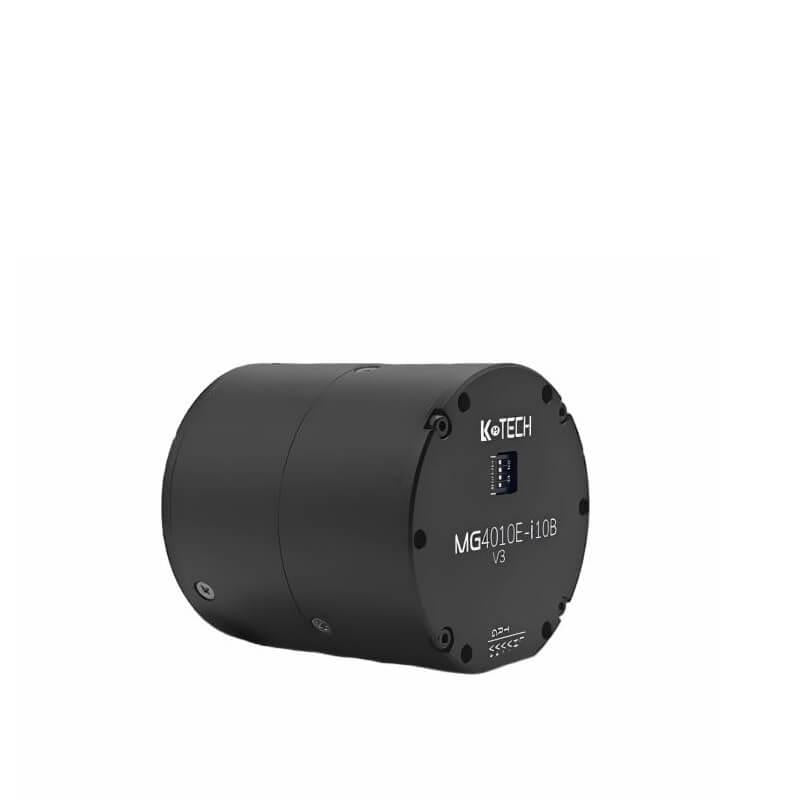 Angled view of LKMTECH MG4010E-i10B-V3 gear motor housing showing cylindrical body and end cap