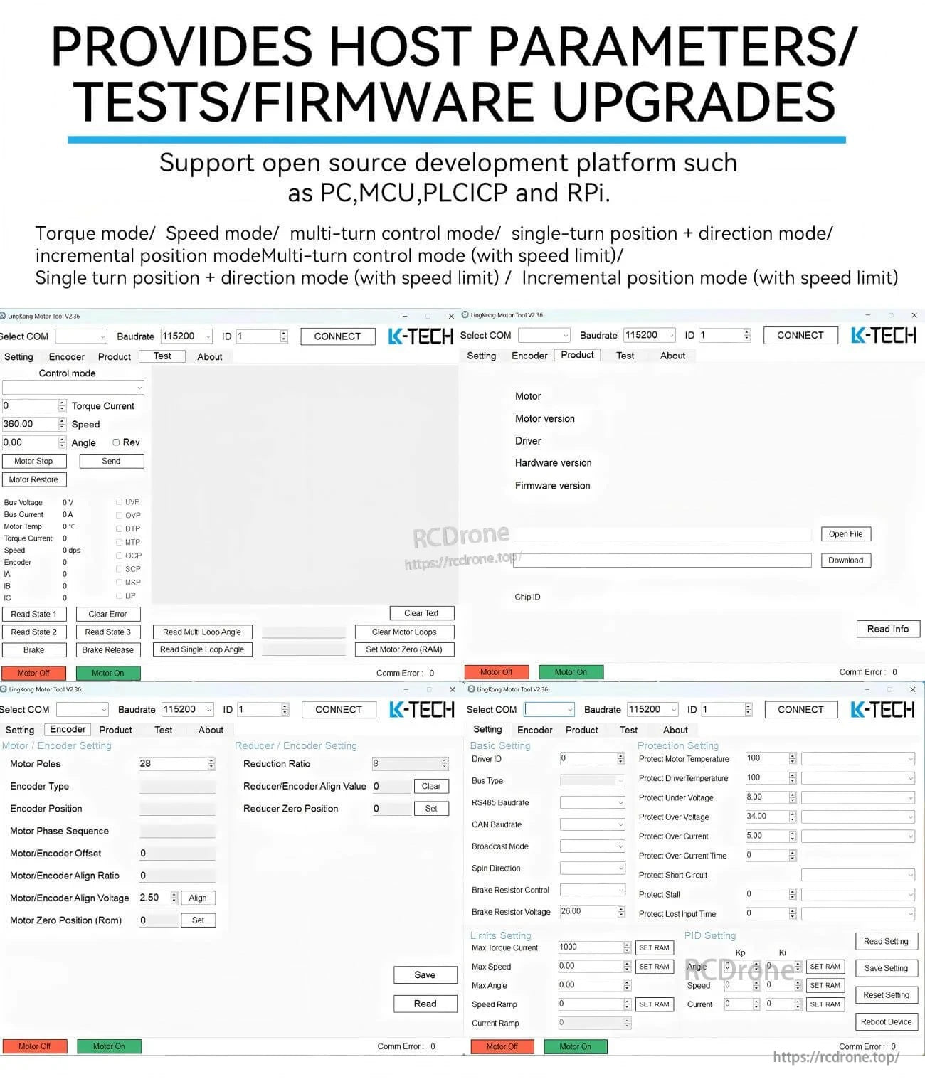 Host parameter and firmware upgrade software screen for K-TECH motor tool, supporting PC, MCU, PLC/ICP and Raspberry Pi