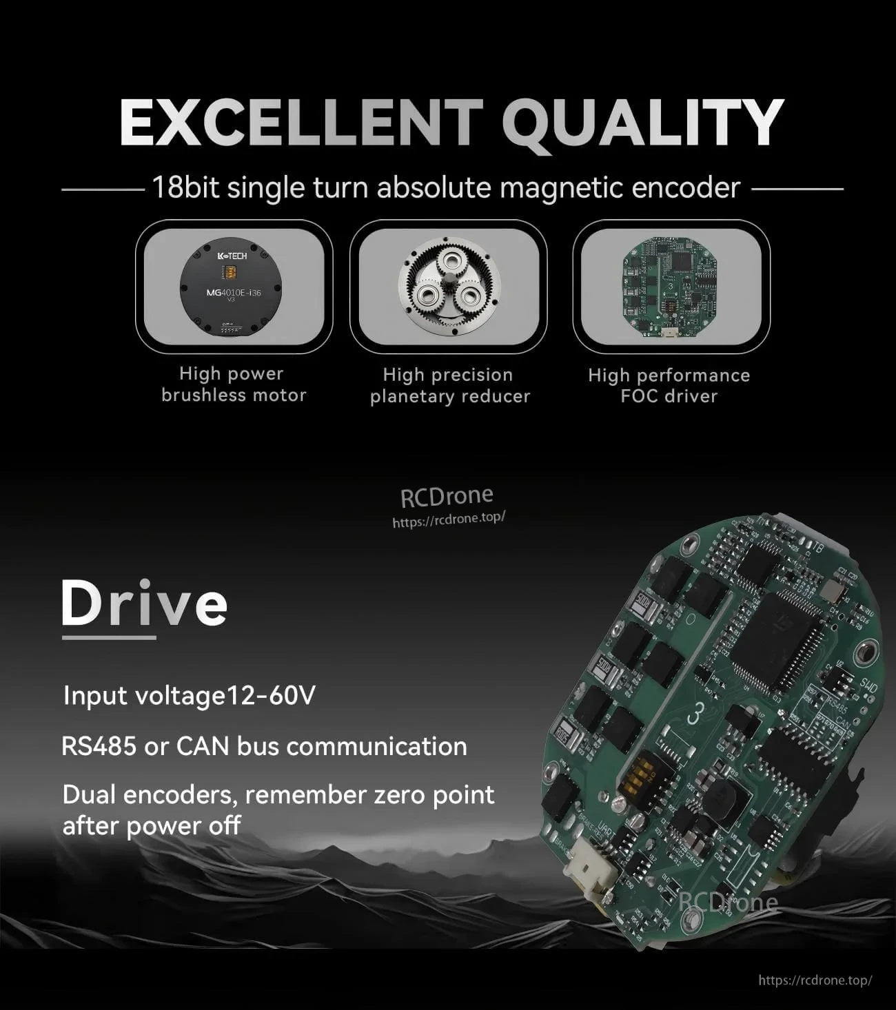 18-bit single-turn absolute magnetic encoder system with brushless motor, planetary reducer, and FOC driver board