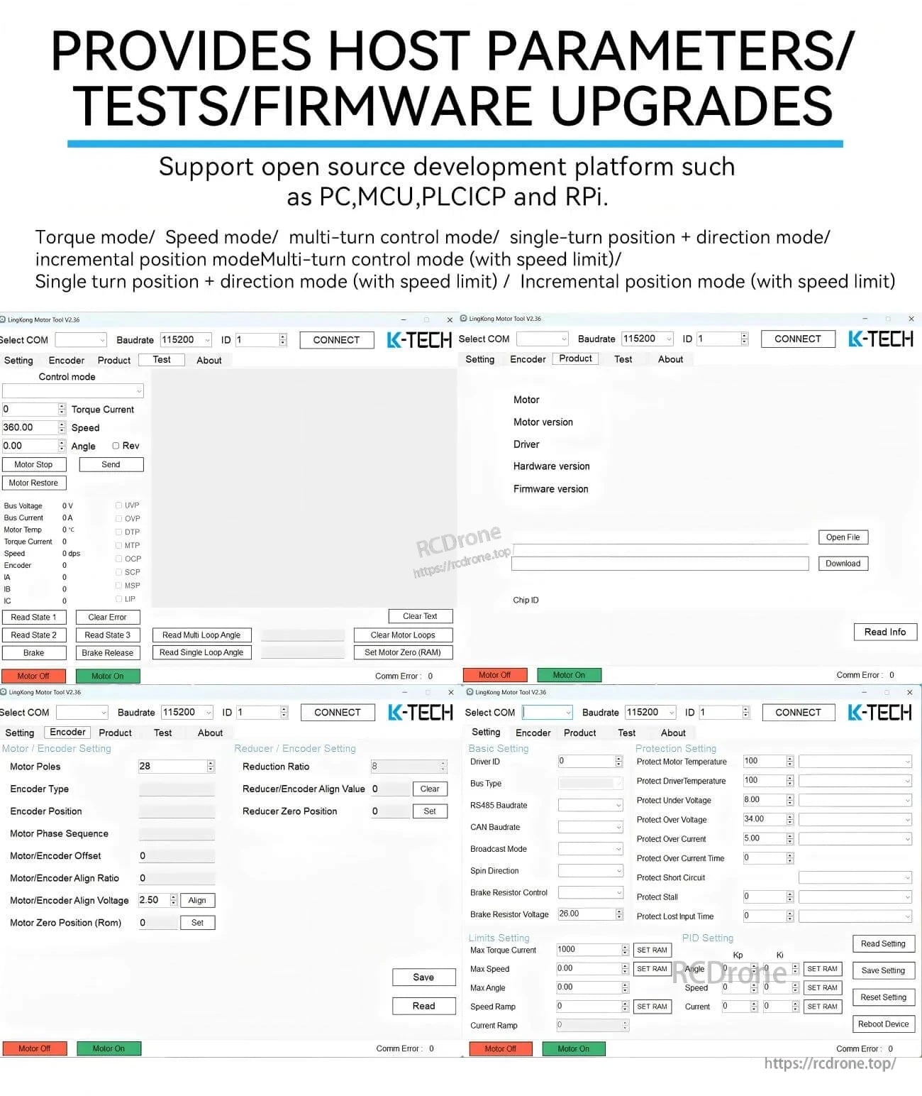 K-TECH host software screenshots for parameter setting, tests, and firmware upgrade via serial connection