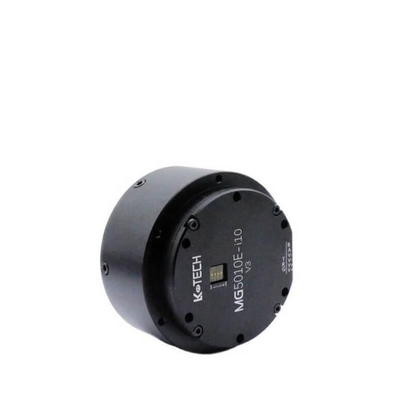 Angled side view of MG5010E-i10-V3 motor housing showing fasteners and compact cylindrical body