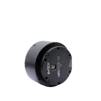 Angled side view of MG5010E-i10-V3 motor housing showing fasteners and compact cylindrical body