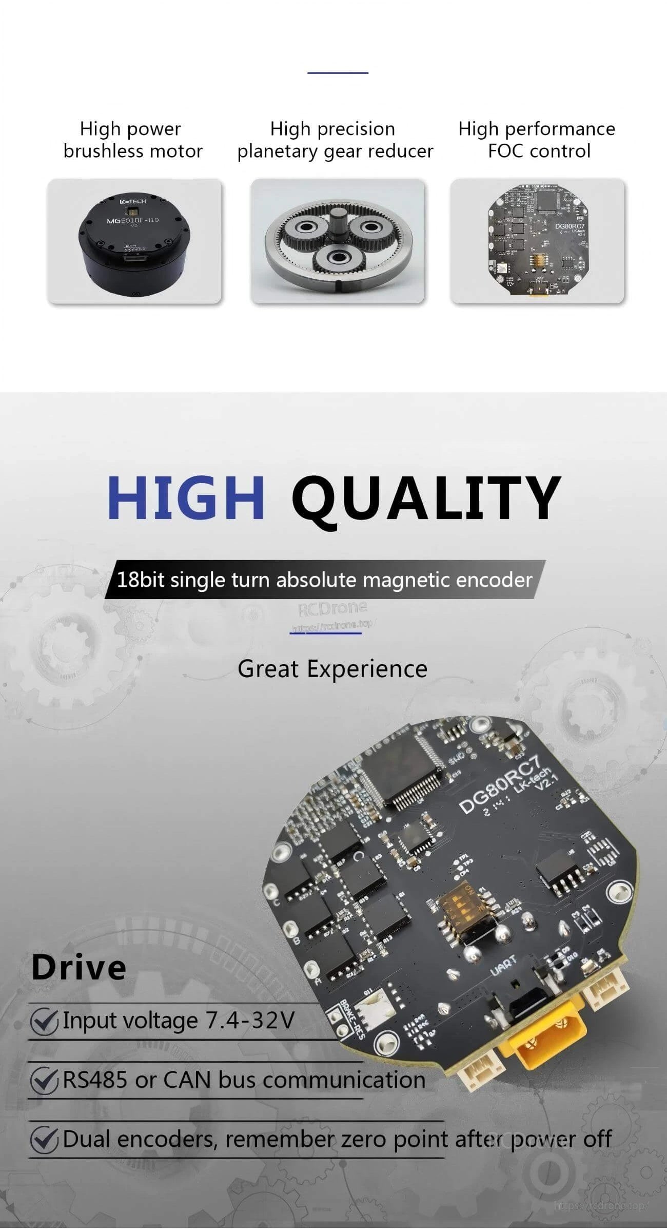 Drive board close-up with RS485/CAN communication notes and input voltage range for the motor system