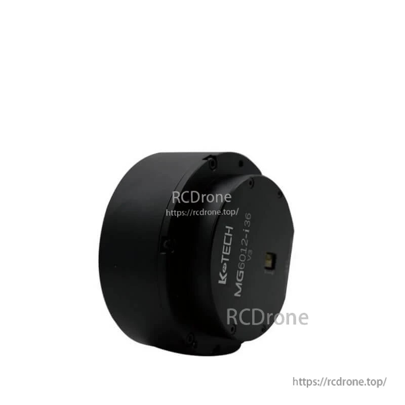 LKMTECH MG6012-i36-V3 motor side angle view showing cylindrical housing and faceplate screws