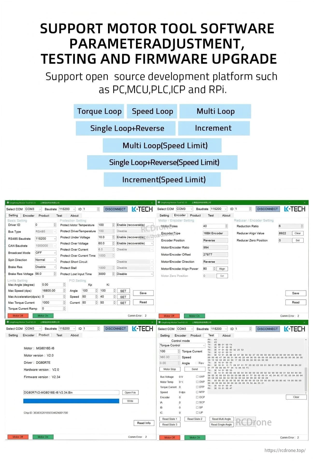 Motor tool software screens for parameter adjustment, loop control testing, and firmware upgrade support