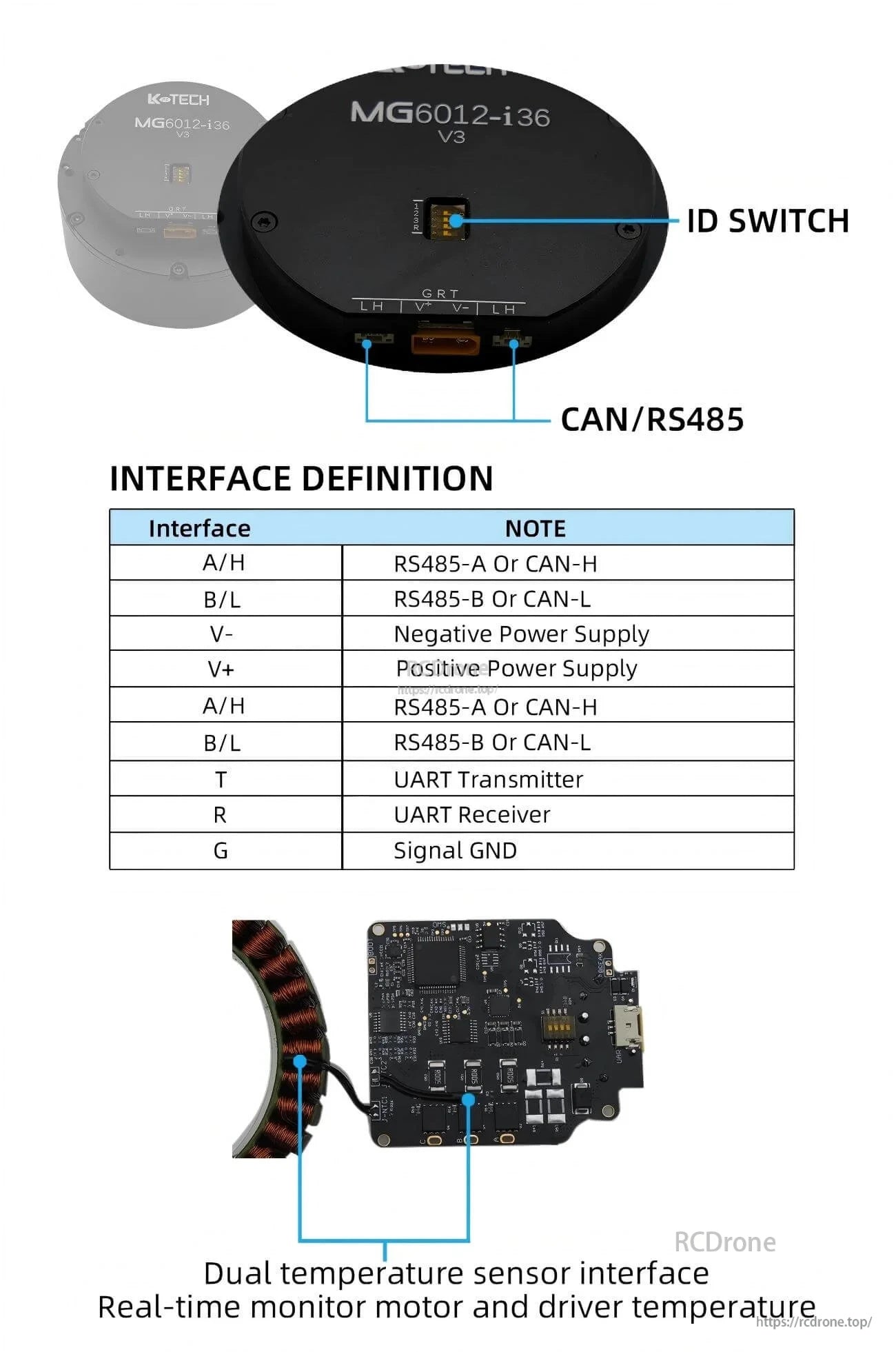 MG6012-i36-V3 interface definition with ID switch and CAN/RS485 wiring notes (A/H, B/L, V+, V-, T, R, G)