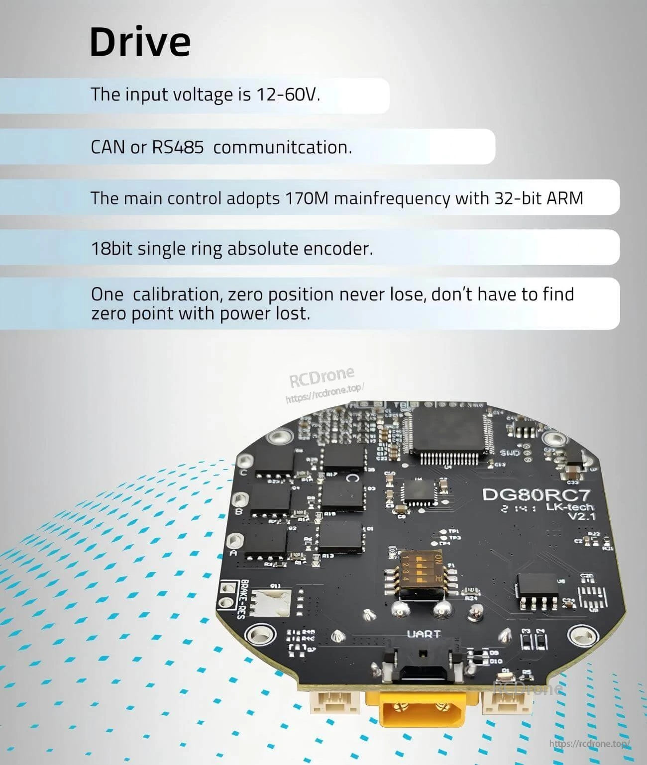 DG80RC7 driver board close-up with connectors, DIP switch and UART port; supports 12–60V and CAN/RS485